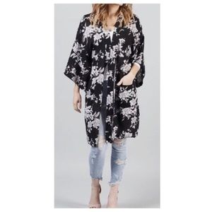 Spiritual Gangster Tropical Floral Print Black Tie Waist Kimono Wrap Cardigan